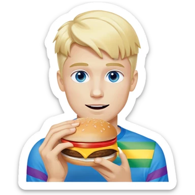 Young blonde man with white skin and blue eyes from LGBT community eating McDonald's hamburger, pride flag colors sticker
