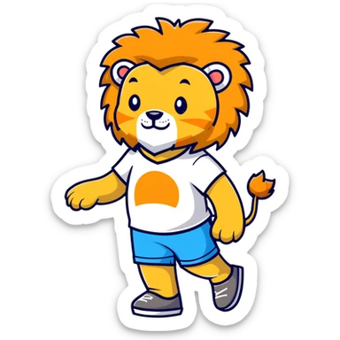retro 1930s anthropomorphised lion in a t-shirt and shorts walking, black and white sticker