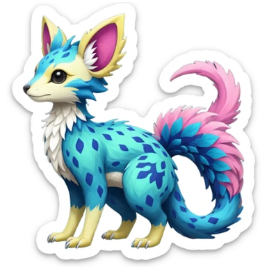 Beautiful pretty cool edgy elegant realistic Feral Rare Fantasy colorful vibrant Vernid-Trico-species-Fakemon-creature by LiLaiRa, random markings, tufted tail, tufted ears, full body sticker