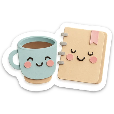 coffee cup and diary notebook with blushing cheeks, soft pastel colors sticker