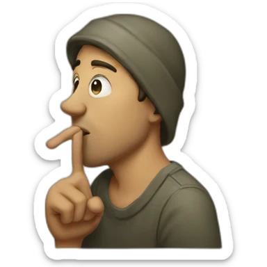 A guy with his finger in his mouth making the silence sign sticker