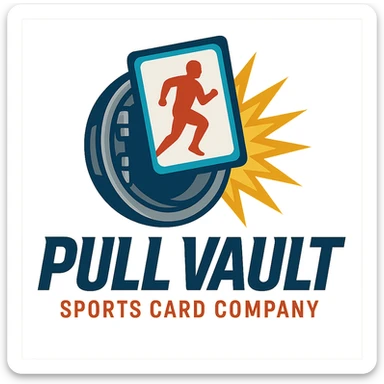 logo for Pull Vault, sports card company, dynamic, with a card being pulled from a vault, vibrant colors sticker