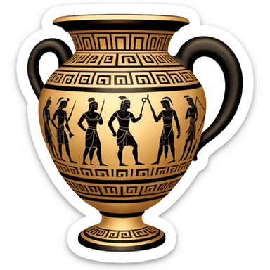 Cinematic-realistic Grecian urn, an exquisite black-figure pottery masterpiece resting in the dim glow of an ancient temple. Intricate golden depictions of gods and warriors encircle its curved form, telling timeless myths of heroism and tragedy. The polished ceramic surface reflects flickering torchlight, while faint wisps of dust drift in the air, whispering echoes of a long-lost civilization. sticker