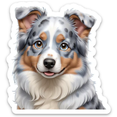 Cinematic Cute Tan Point Blue Merle Australian Shepherd Portrait Emoji, Head tilted playfully and inquisitively, soft blue merle fur accented by vibrant tan points and subtle white markings, round, sparkling blue eyes filled with curiosity, Simplified yet irresistibly adorable features, highly detailed, glowing with a warm, friendly glow, high shine, affectionate and lively, stylized with a touch of whimsy, bright and endearing, soft glowing outline, capturing the essence of a mischievous yet loving pup, so playful it feels like it could bound out of the screen and into your arms! sticker