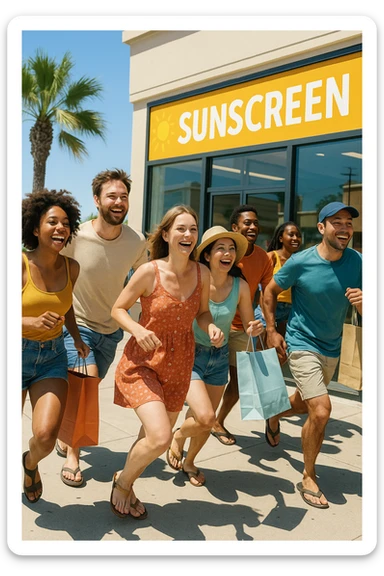 tante persone che corrono a comprare le creme solari sticker