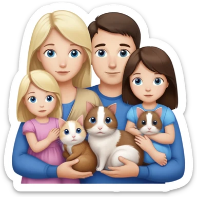 Family portrait with father with dark brown hair and blue eyes, mother with light brown hair and blue eyes, three blonde little girls with blue eyes, plus a cat and two guinea pigs sticker