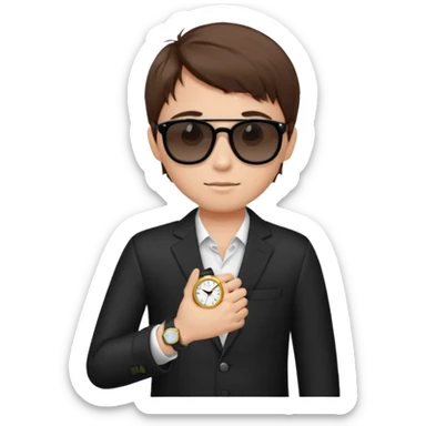 Un niño con pelo lacio color castaño,con lentes de sol negros y un reloj en la mano sticker