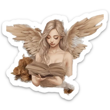 Library book bookworm academia aesthetic beige angel broken angel fallen angel tattoos with broken wing damaged wing torn wing, made of newspaper cuttings and dried flowers brown flowers sticker