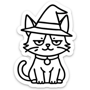 Add a wizard hat to this black and white cat illustration, keeping the black outlined icon style consistent with no fill and no background. sticker