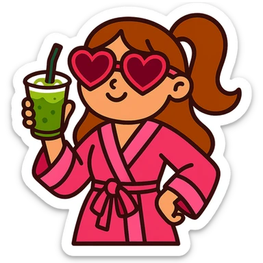 girly girl in pink robe with heart sunglasses, holding matcha sticker