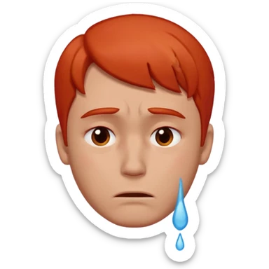 man with no red or orange hair. His face is intensely red, visibly flushed and over-reddened, as if he's been crying hard. His expression is sad, and a single clear tear flows down his cheek. The style should be simple, clean, and consistent with modern emoji design. sticker