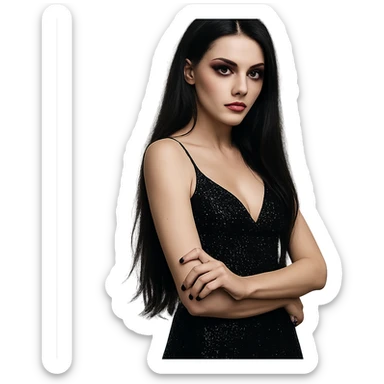 a girl with long black hair, shiny black night dress with glitter, purple makeup, dark red lipstick, edgy and mysterious, confident pose sticker