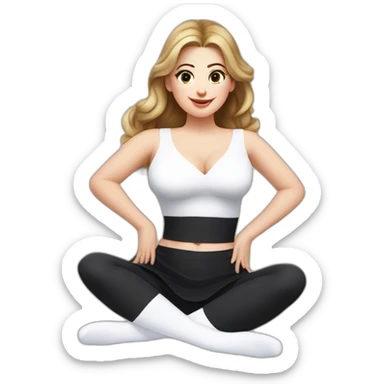 Front view curvy caucasian beauty sits on the floor straight hands up black skirt white stockings sticker