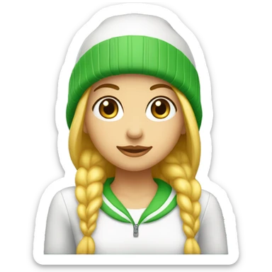 Chica con pelo largo rubio y un gorro de pelo blanco piel blanca , ojos verdes sticker