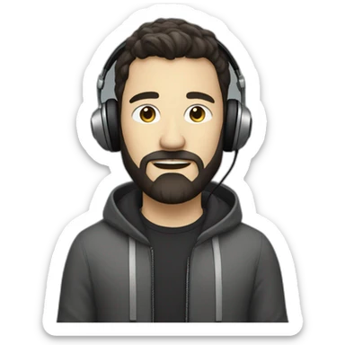 White music producer with dark hair and a very short “salt & pepper” beard, wearing headphones sticker