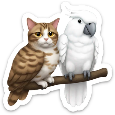 Brown tabby cat and large white cockatoo napping together. sticker