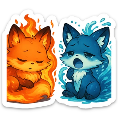 Transform the magical chibi fox duo into elemental beings: one fox with fire powers featuring flames and a fiery aura, the other with water powers featuring waves and a water aura. Keep the background transparent. sticker