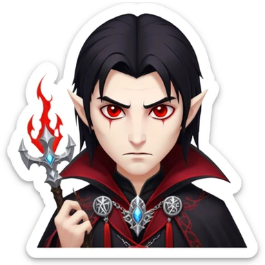 Cinematic Realistic WoW Vampire Mage Portrait, head tilted epicly and inquisitively, showcasing a commanding presence and ancient arcane mastery. His pallid skin and sleek dark hair are set against the intricately detailed black robe—with silver accents and mystical runes—that remains consistent in its shadowed elegance. His piercing crimson eyes blaze with forbidden power, rendered with dramatic, lifelike clarity and high shine, epic and awe-inspiring. sticker