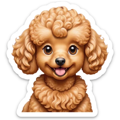 Cinematic Comical Apricot Poodle Portrait Emoji, Head tilted dramatically with an exaggeratedly amused expression, featuring a glossy, curly apricot Fur with a vibrant sheen, wide, expressive warm eyes filled with playful disbelief, Simplified yet hilariously expressive features, highly detailed, glowing with a slightly sassy glow, high shine, dramatic yet playful, stylized with an air of cheeky mischief, bright and endearing, soft glowing outline, capturing the essence of a spirited and over-the-top companion, so meme-worthy it feels like it could side-eye its way into internet fame instantly! sticker