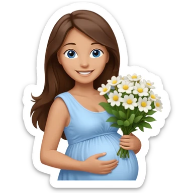 Create a cute emoji-style illustration of a young brunette woman with long brown hair, blue eyes, and a happy smile. She is pregnant, shown with a visible baby bump, wearing a simple white dress and holding a small bouquet of flowers. She looks excited and joyful, as if she's about to marry soon. sticker