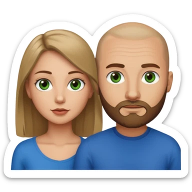 Man on left with shaved head with dark blonde beard and blue eyes, woman on the right with long dark brown hair green eyes  sticker