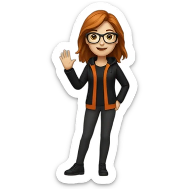 white woman waving with glasses with long straight brown hair waving wearing a dark orange sweater and black jacket sticker