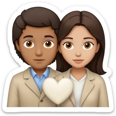 A couple with dark brown hair and mixed skin tone inside a white heart, both wearing beige clothes sticker