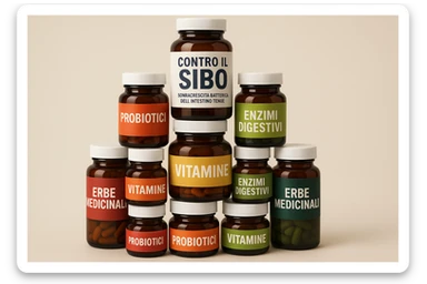 montagna di barattoli di integratori contro la SIBO con etichette in italiano sticker
