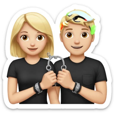 a blonde girl holding handcuffs with her boyfriend  sticker