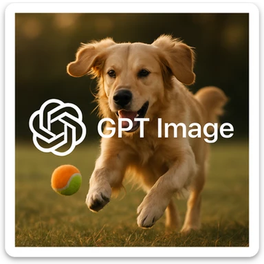 logo of chat gpt with text "GPT Image" on the background of a dog chasing ball, realistic image sticker