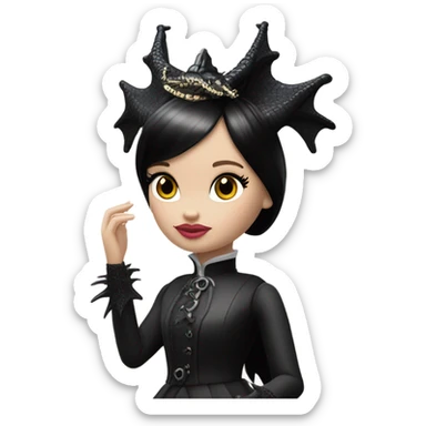 Victorian evening dressed, Wednesday Addams Barbie Jedi wearing a mini tiara, riding on the back of a very large black shiny evil-looking fire-spewing horned dragon sticker