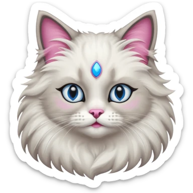 Neva masquerade cat, very fluffy, gray and white, blue eyes and pink nose sticker