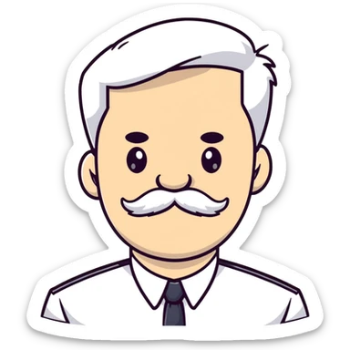 male character with oval-shaped flat-top head, bushy white mustache, wearing a white shirt with three white buttons sticker