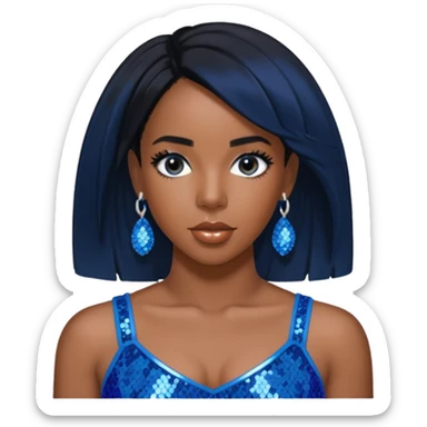 Kelly Rowland with black hair, blue sequin crop top, blue earring sticker