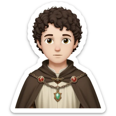 medieval spring outfit worn by a DnD themed fantasy male character. thin wool tunic with a light cloak draped over one shoulder, secured by a wooden brooch. clothes only above the waist. The clothes full waist. The character's haven't arms. character is white-skinned, dark brown hair, hazel eyes, short curly hair. sticker