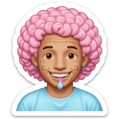 very cheerful colorful puffy curly haired man made out of cotton candy with teeth-braces and tattoos and face tattoos just face  sticker