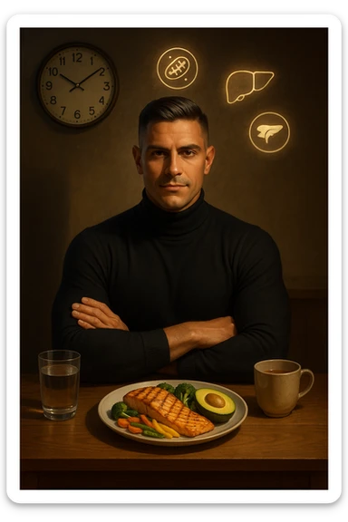 A realistic, cinematic illustration of a healthy, fit man in his early 30s with a calm, disciplined expression, sitting at a clean wooden table in the evening with a single, balanced, nutrient-dense meal in front of him (grilled salmon, colorful vegetables, avocado). The rest of the day he drinks only water and herbal tea, visible in a glass and a simple cup on the side. A wall clock in the background shows 6:00 PM, emphasizing that this is his only meal of the day (OMAD). Subtle glowing icons above him display a regenerating cell, mitochondria, and a liver symbol, representing autophagy, longevity, and health benefits of OMAD. The lighting is warm, with cinematic shadows and natural tones, creating a sense of discipline, mental clarity, and health optimization. The man looks centered and content, showing that OMAD is a conscious choice for energy and regeneration, not restrizione. The scene is realistic with slight film grain for depth sticker