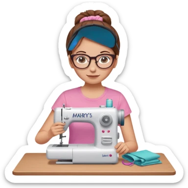 Woman with glasses and brown hair in pink t shirt meme with messy bun using a sewing machine add the words Mary’s Jellyroll Creations on the bottom sticker