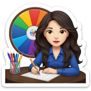 female dark wavy long hair graphic designer , big color wheel behind , pens, papers, desktop sticker