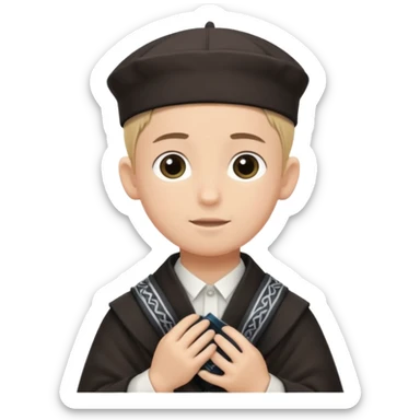 a boy with kippa and not a hat putting on tefillin sticker