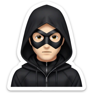 man with black hooded jacket and a full black full-face geometric mask with only black sticker