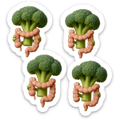 broccoletti stile emoji iphone fluttuano in aria stringendo in mano un pezzo di colon intestinale, iperrealistico 4k sticker