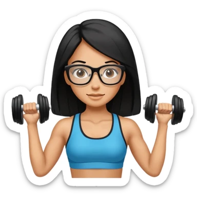 Mujer fitness usando mancuernas con lentes de marco delgado y cabello largo negro sticker
