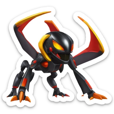 a shiny metallic black-red-orange-yellow Genesect-Flygon-Raptor-Fakémon-Medabot-hybrid with a futuristic visor-helmet full body sticker
