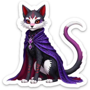 Kawaii feral, four-legged gothic dark badass black, red, purple, beautiful pretty elegant divine edgy feline-vernid-sergal-Trico-fursona-animal-creature, full body, with intricate detailed markings, silken shawl sticker