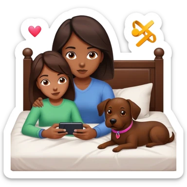 A girl with dark medium brown hair, laser on her bed with her dog, who who is medium brown playing on her phone with her boyfriend with her PlayStation laying beside of her heart is flying all around sticker