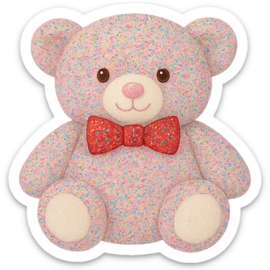 Change the glitter on the teddy bear and bow tie to multicolored glitter, keeping the pink and white fur, flat lighting, no shadows or background, soft plush look, maintain transparency. The style should reflect a soft plush teddy bear with a transparent background and no shadows. sticker