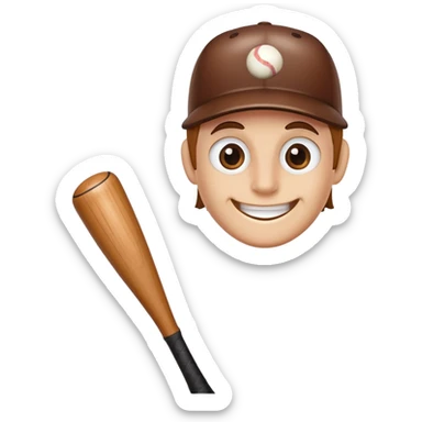 A wooden baseball bat with a friendly face including eyes, nose and smiling mouth sticker