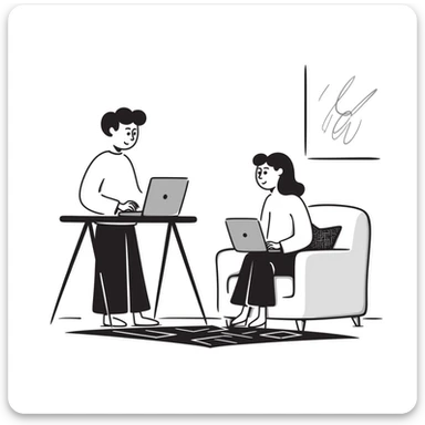 escenary 3d of a cozy mid-century living room with two people working on laptops, one man standing at a desk and one woman sitting on a couch, two walls and floor visible sticker