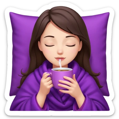 girl brunette inside a violet blanket sipping coffee from pink mug eyes closed sticker